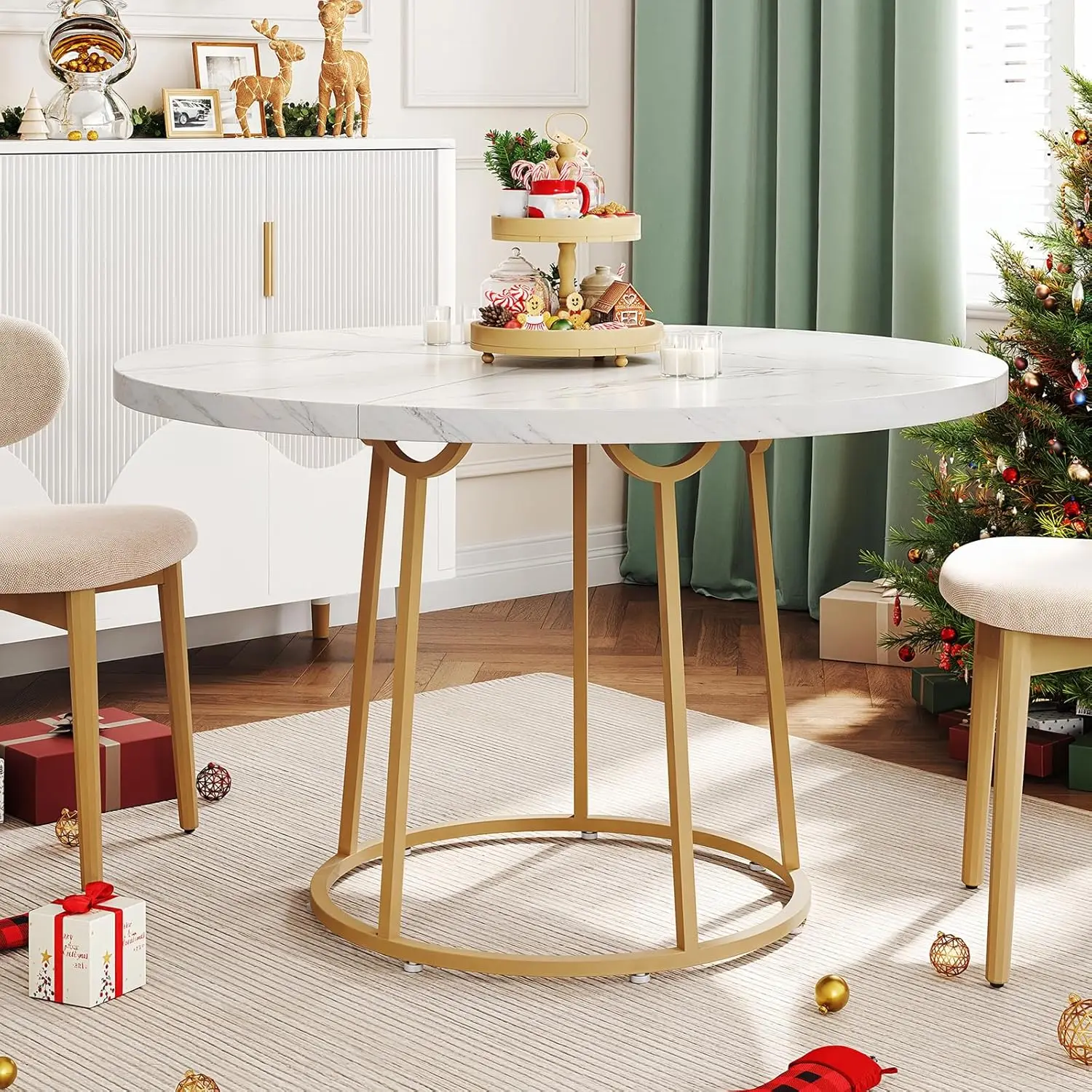 Round Dining Table, 47.24 Inch Kitchen Table for 4-6 People, Wooden Faux Marble Dinner Room Table with Gold Base, Circle Modern