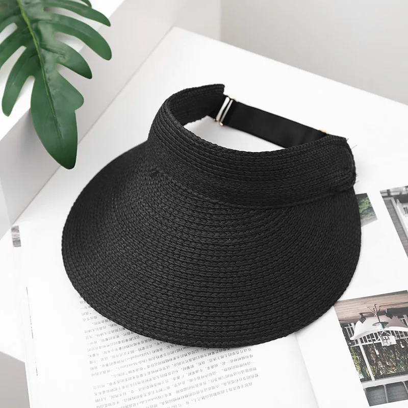 Empty Top Raffia Straw Hats For Women Korean Fashion Empty Top Riding Sun Hat Foldable Wide Brim Beach Visor Hat Sombrero Mujer