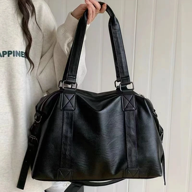 Prosta koreańska moda na co dzień torby na ramię z PU o dużej pojemności dla kobiet Vintage torba podróżna typu Crossbody czarna beżowa torebka