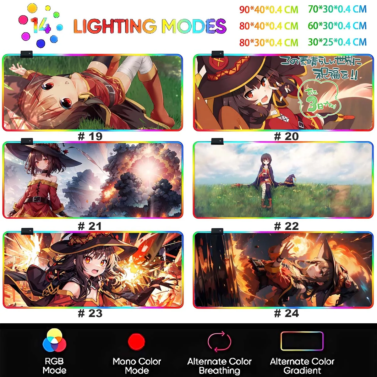 RGB Backlit Large Non-slip Mouse Pad Kono Suba - Megumin Anime Dec-24 New LED Oversized Mouse Pad Gaming Table Mat Desk Play Mat