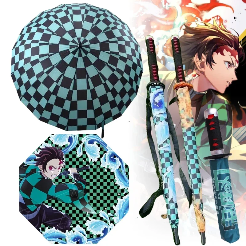 

Kamado Tanjirou Katana Umbrella Long Handle UV Blocking Black Parasol Anime Demon Slayer Japanese Katana Sword Umbrella Raincoa