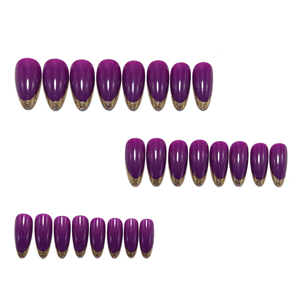 24pcs/set Short Medium Long fake nails golden purple sparkling glitter Square almond ballet tips press on false nail art