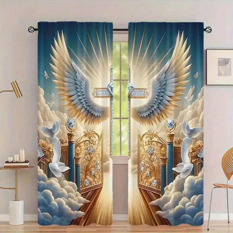 2pcs Heaven Cross & Wings Print Modern Art Polyester Curtains – for Living Room, Bedroom, Study & Kitchen