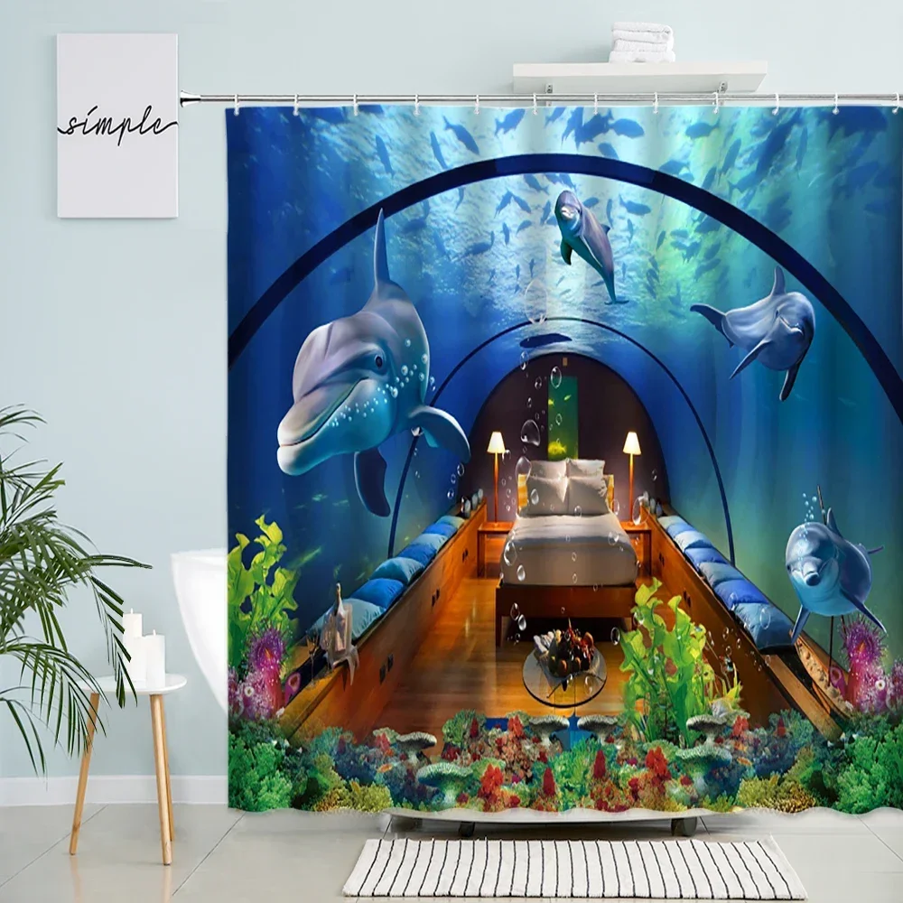 Dolphin Shark Shower Curtain Coral Tropical Fish Sea Turtle Underwater World Landscape Modern Children Bathroom Curtains Decor