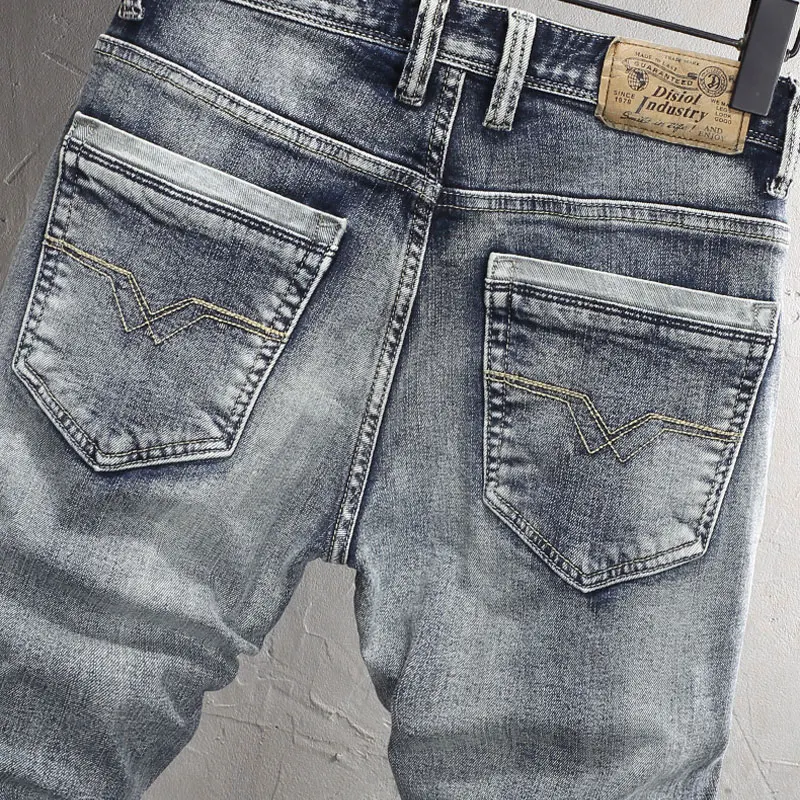 Italian Style Fashion Men Jeans Retro Washed Blue Elastic Slim Fit Ripped Jeans Men High Quality Vintage Designer Denim Pants