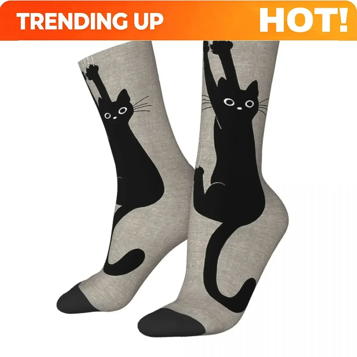 Custom Funny Happy Men's Socks Black Cat Holding On Retro Harajuku Hip Hop Seamless Crew Crazy Sock Gift Pattern Printed