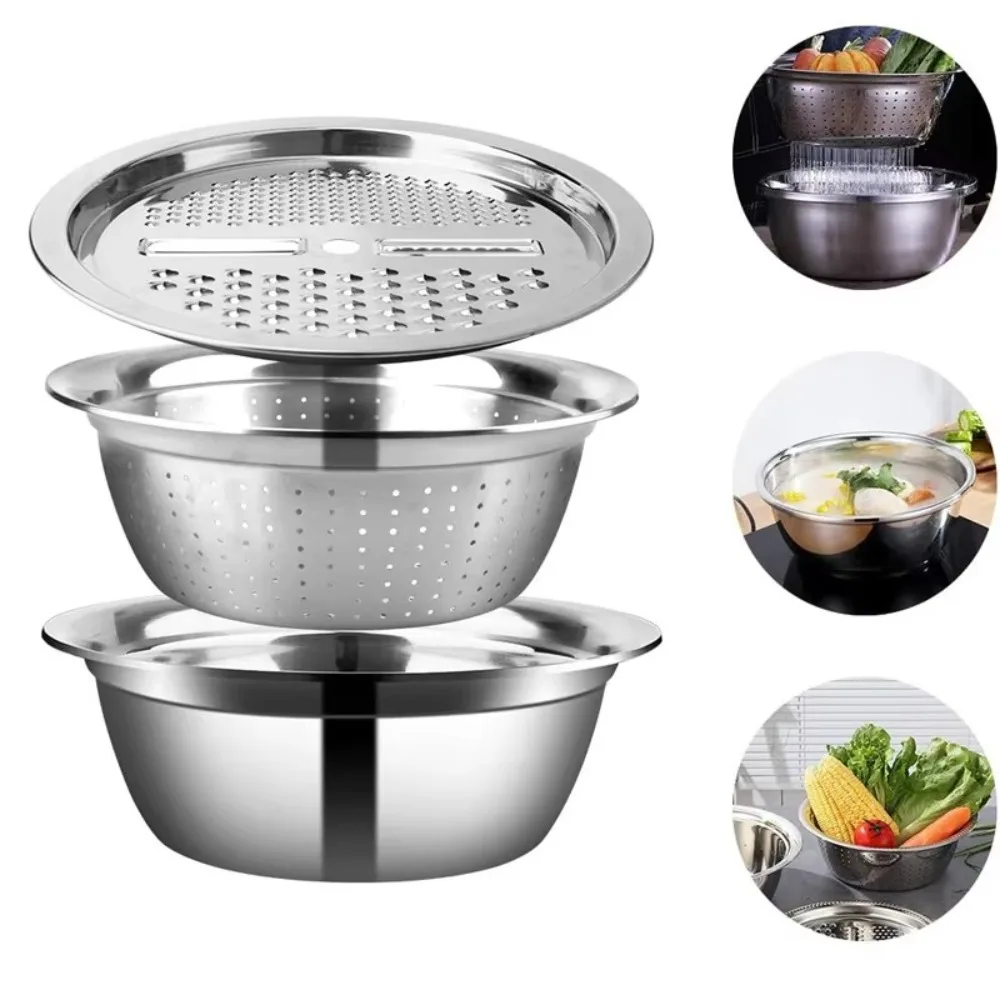 

Stainless Steel Vegetable Slicer Grater 3 in 1 Multifunctional Rice Washing Drain Basket Sink Vegetable Washing Basin Kitchen