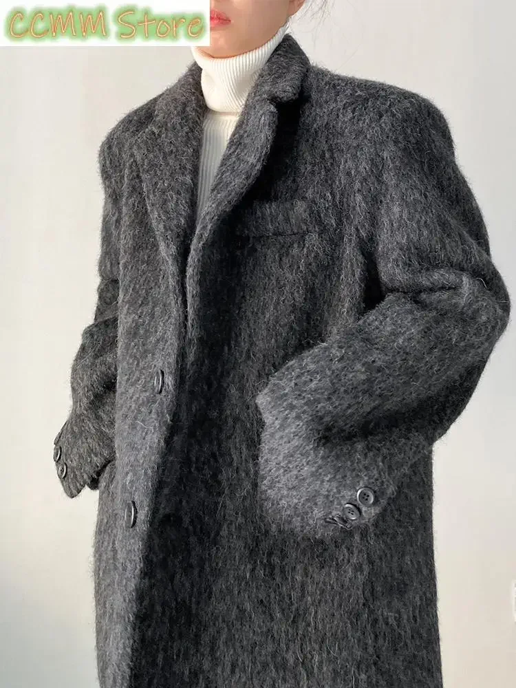 Loose Fit Gray Big Size Casual Elegant Woolen Coat Parkas New Long Sleeve Women Fashion Tide Autumn Winter