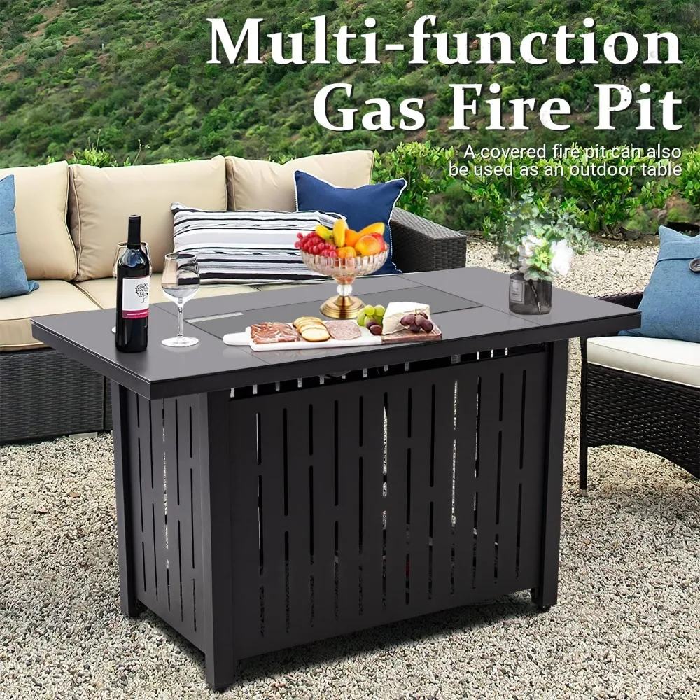 43 Inch Outdoor Gas Fire Pit Table, Steel Propane Firepit with Blue Glass Rock, Add Warmth and Ambience to Parties On Garden