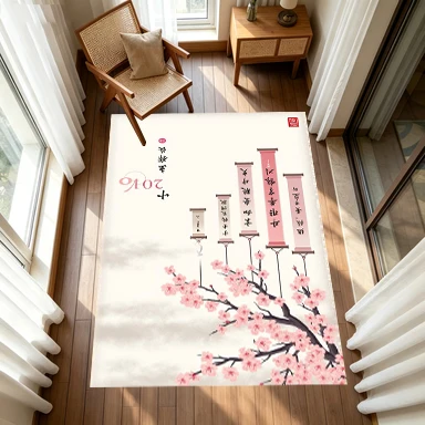 Cherry Blossom Oriental Scroll Art Carpet Flooring, Vintage Asian Floral Non-Slip Floor Rug for Living Room Bedroom Home Decoration