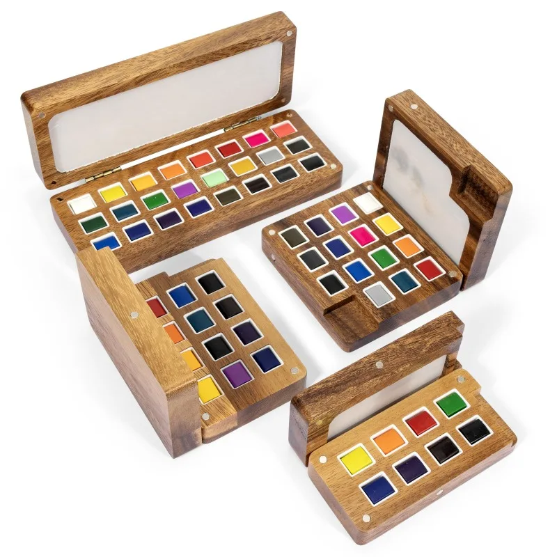 

Solid Watercolor Paint Wood Box Mini Walnut Travel Sketch Painting Portable