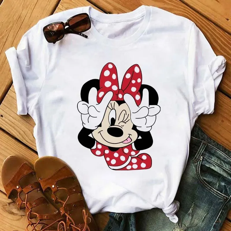 Minnie Mouse Print Women T-shirt Kawaii Cartoon Graphic Tee Funny Harajuku Disney Short Sleeve T Shirt Female Y2k Clothes Tops