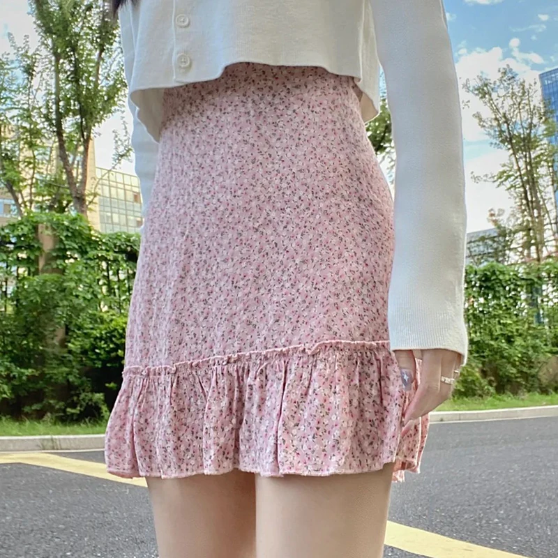 Sweet Pink Floral Mini-Skirt Femme Summer Elegant Fashion Streetwear Ruffle Holiday Skirt Women High Waist Faldas Y2K Vintage