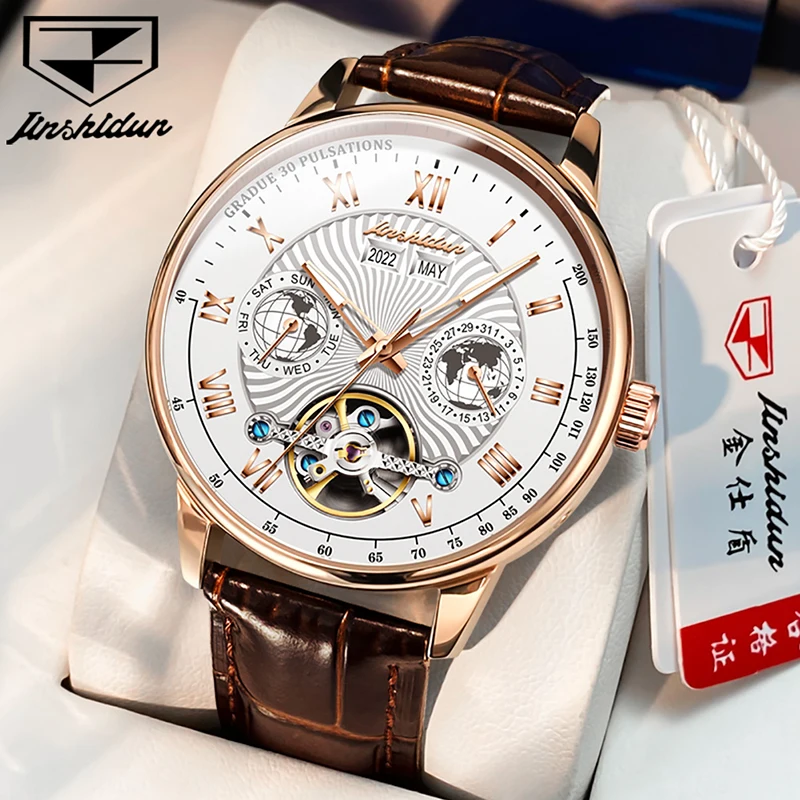 

JSDUN Brand New Luxury Tourbillon Watch Men Leather Strap Waterproof Luminous Clock Fashion Mechanical Watches Mens Reloj Hombre