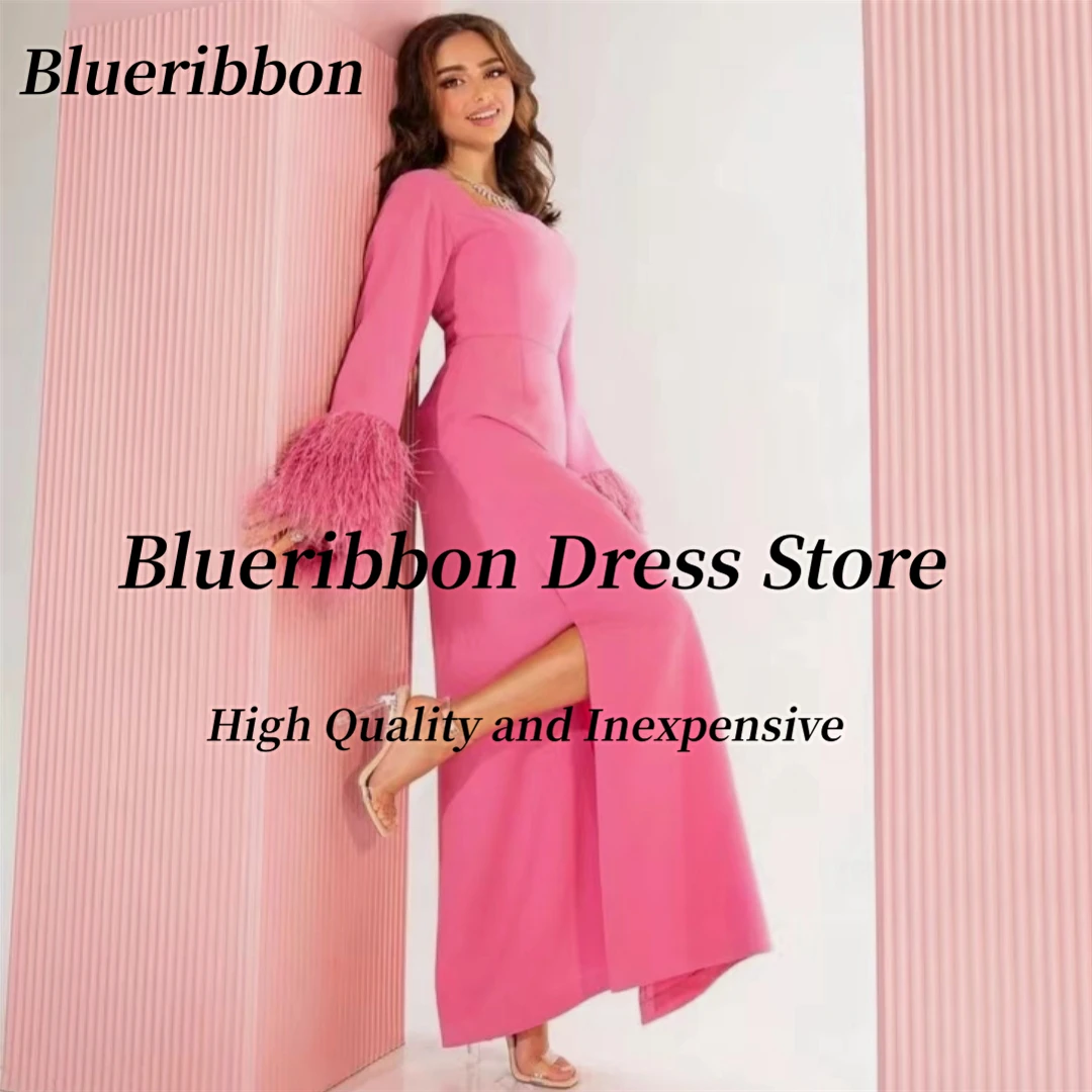 

Blueribbon Pink Prom Dresses Long Sleeves Feathers Luxury Evening Party Dress Side Slit Dubai Party Ladies Wear Special Gowns