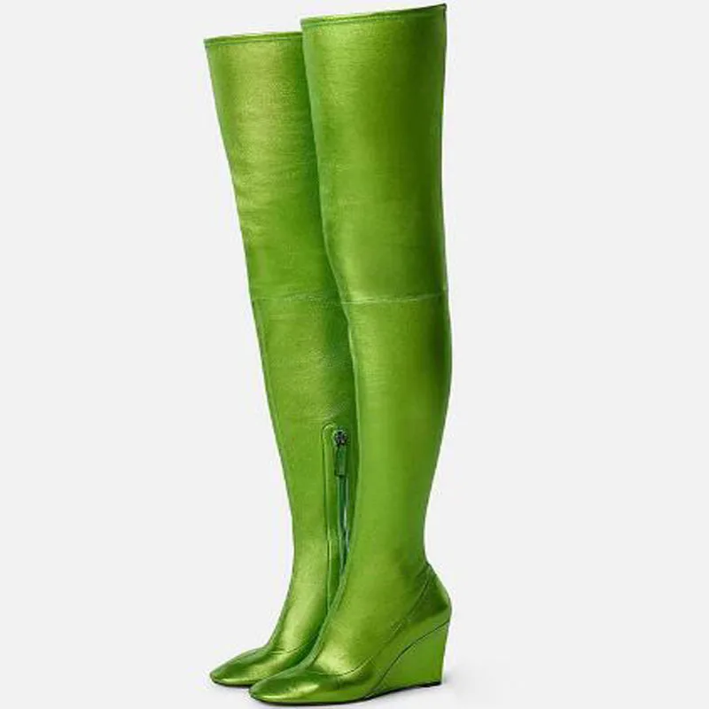 

Hot Women Green Yellow Blue Black Matte Leather Slim Pointed Toe Wedges Over The Knee Boots Female Thigh Long Botas Shoes