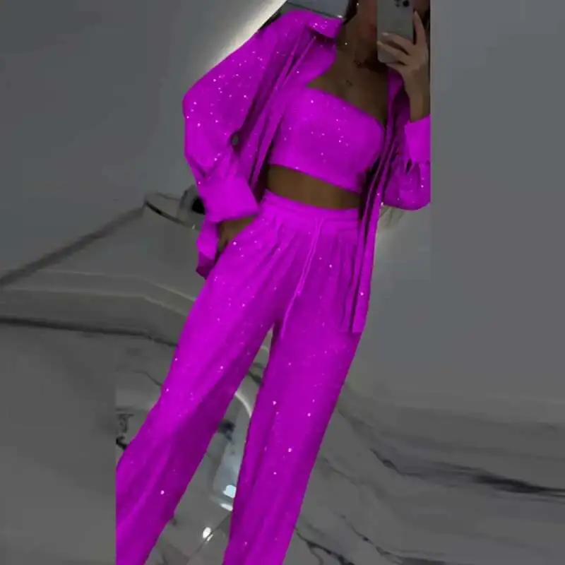 

Elegant Club Party Multi-Color Outfit Fashion Sequin Long Sleeved Women 3 Piece Set For Spring Casual Lapel Shirt Commuting Suit