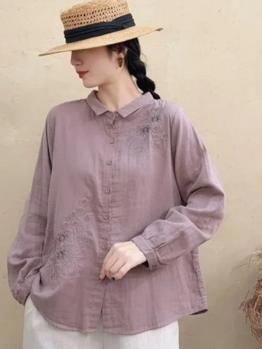 

Casual Versatile Large Size Women's irt Spring 2006 New Sle Single Button Embroidered Cotton Blend Slimming Double Layer Top