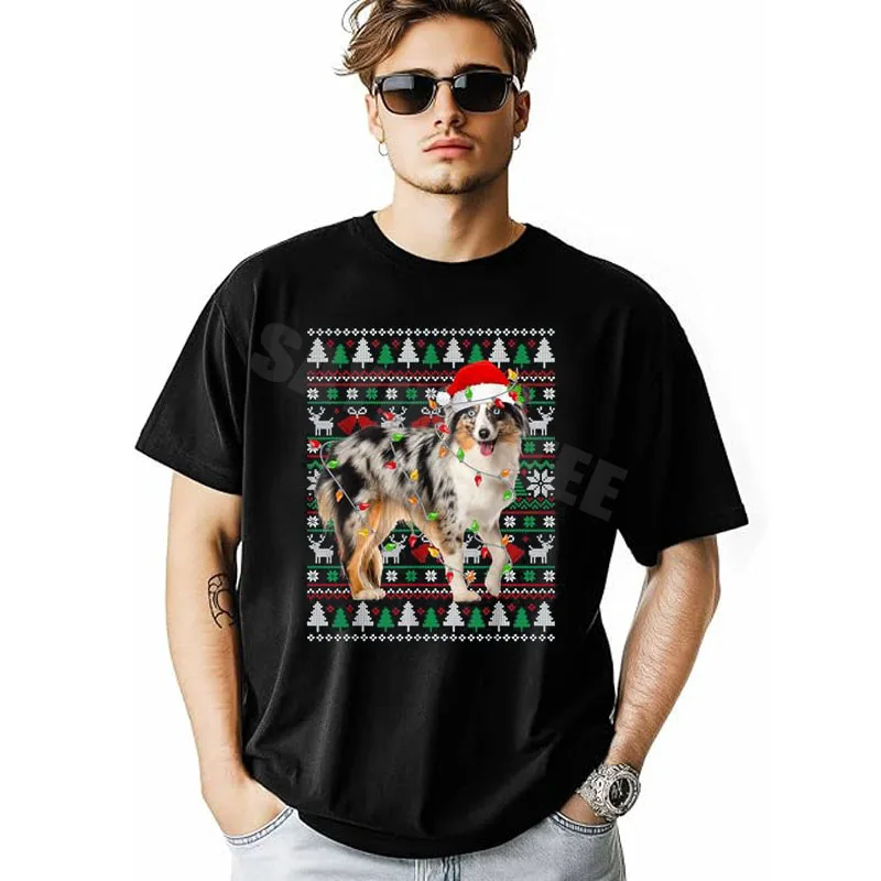 كلب الراعي الأسترالي عيد الميلاد سترة قبيحة سانتا عيد الميلاد تي شيرت Y2k عيد الميلاد منامة زي عطلة الملابس موضة هدايا جديدة