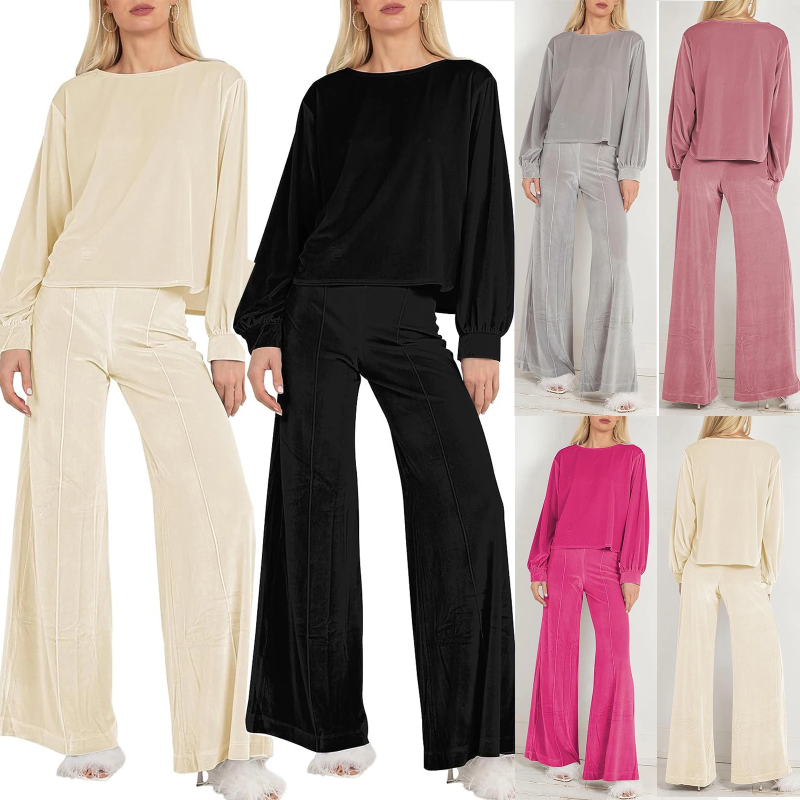 Pantaloni da donna in tinta unita tuta elegante t-shirt girocollo a maniche lunghe con pantaloni a gamba larga completi coordinati