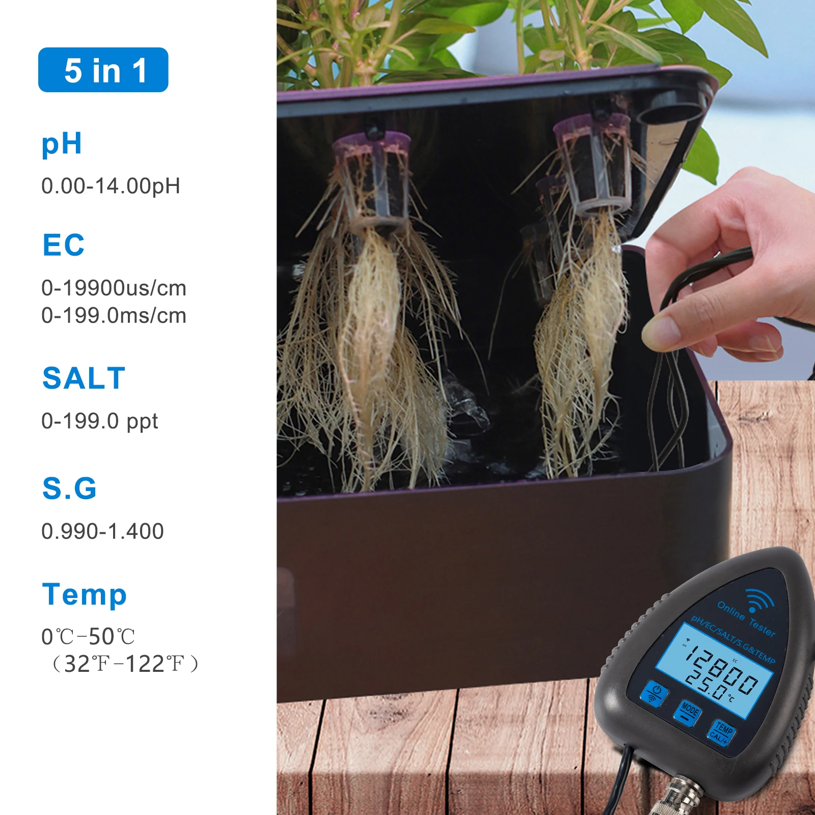 Bluetooth Wifi Cyfrowy tester jakości wody 5 w 1 Analizator wody Zdalny monitor Powiadomienie o alarmie dla akwarium z wodą pitną