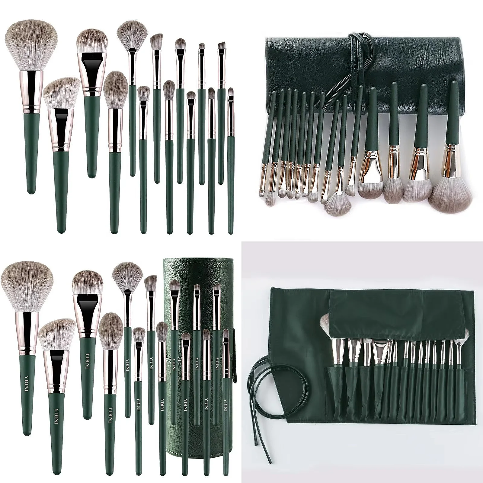 professional 14 makeup brush set, high-end private brand green wood handle synthetic brush set with tube sleeve