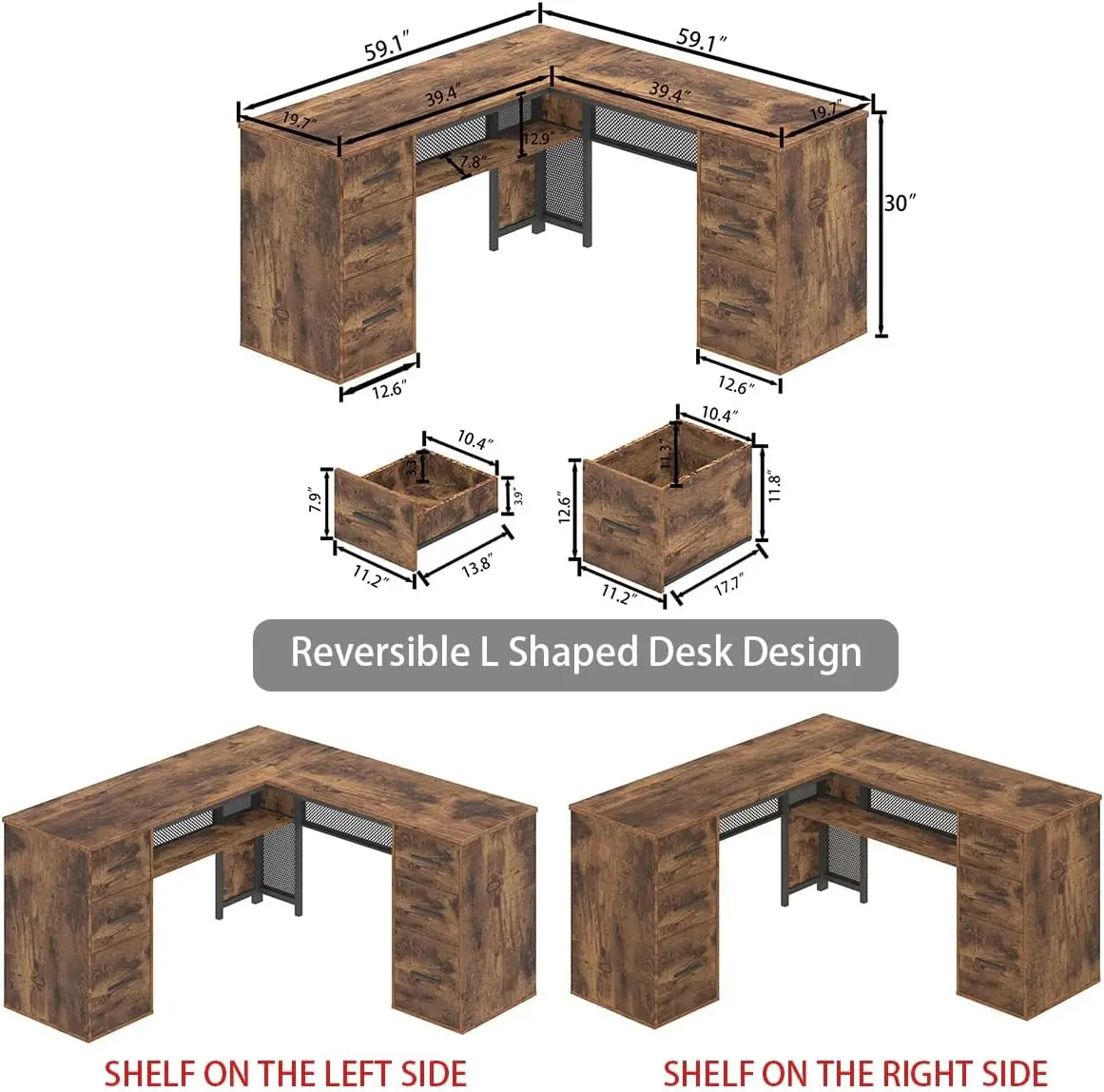 Hsh L Shaped Computer Desk With File Drawers, Large Metal Wood L Shape Table With Storage Cabinet Shelves, Reversible Corner