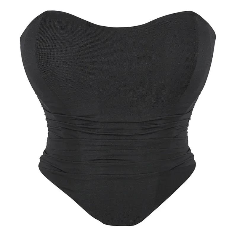 

Breathable Mesh Pleated Crop Top Women Sexy Corsets Bustiers Off Shoulder Tank Top Clubwear