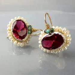 KSRA 2024 New Niche Pearl Flower Shape Inlay Red Color Stone Dangle Earrings For Women Girl Party Accessories Custom Jewelry