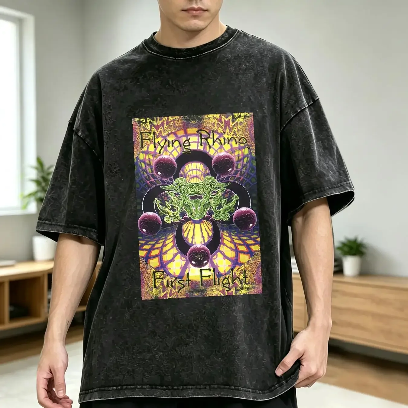 washed T Shirt Mens Cotton Psychedelic Trance Music Flying Rhino Records First Flight vintage Washed streetwear fashion Soft
