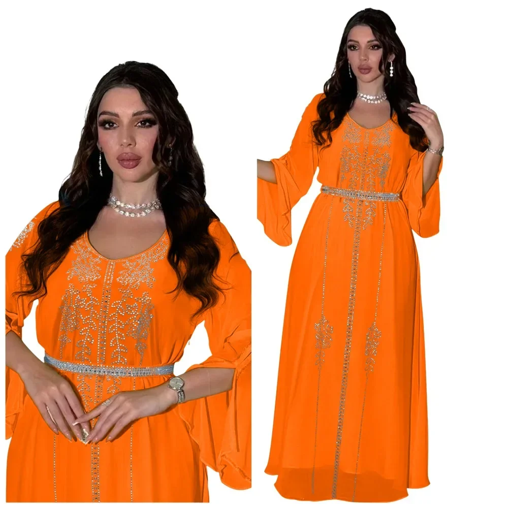 New Style Fashionable Heat-set Diamond Dress for Elegant Muslim Women's Clothing in Dubai and Turkey, Home-wear Abaya Robe S-XXL