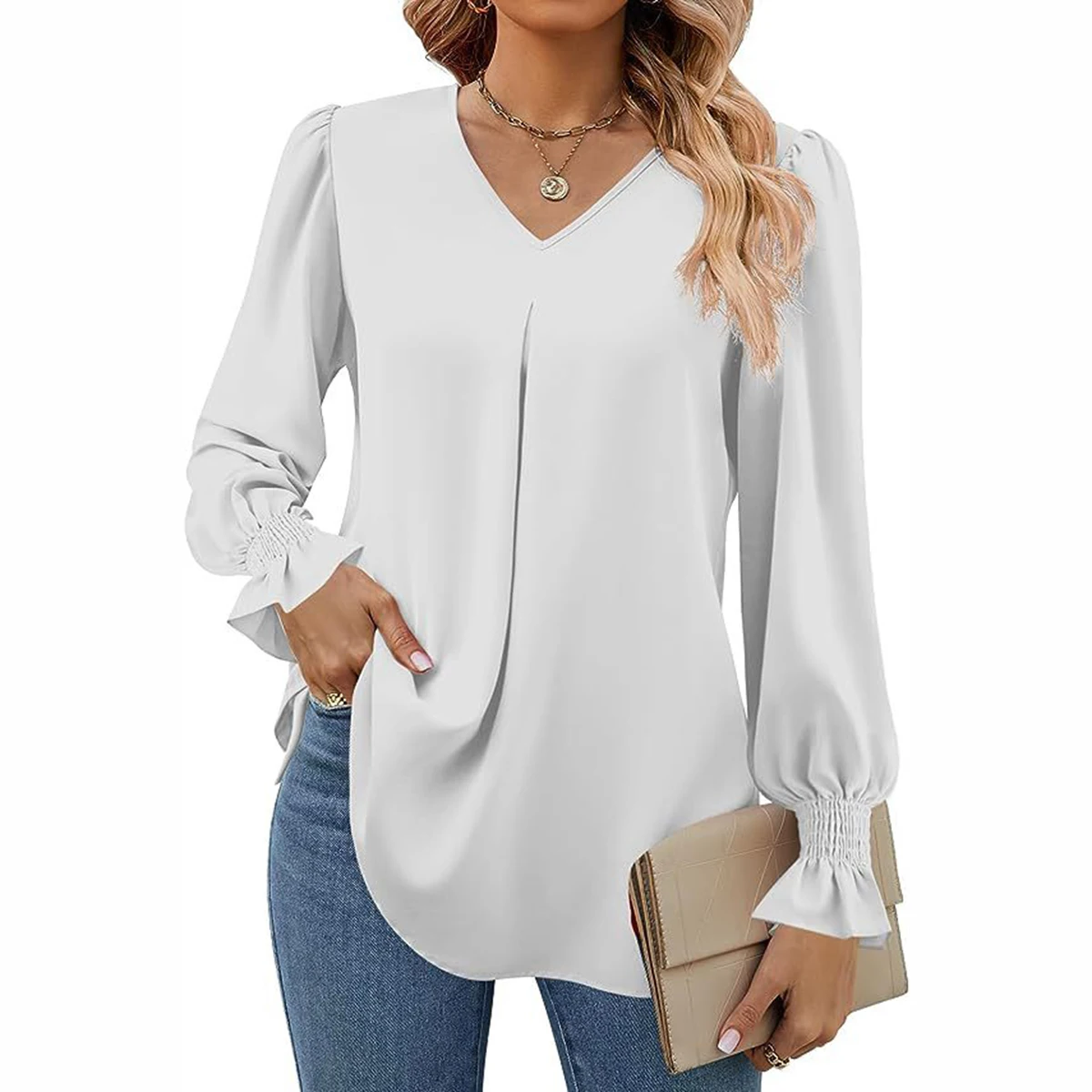 

Women's Chiffon Shirts Casual Blouses Business Work Long Sleeve Pleated V-Neck Ruffle Cuffs Pullover Top Shirts