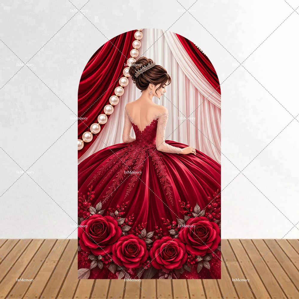 Pearl Pink Curtain Velvet Red Bow Quinceanera Dress Sweet 15 Girls Birthday Party Arch Backdrop Cover Lady Woman Wedding Decor