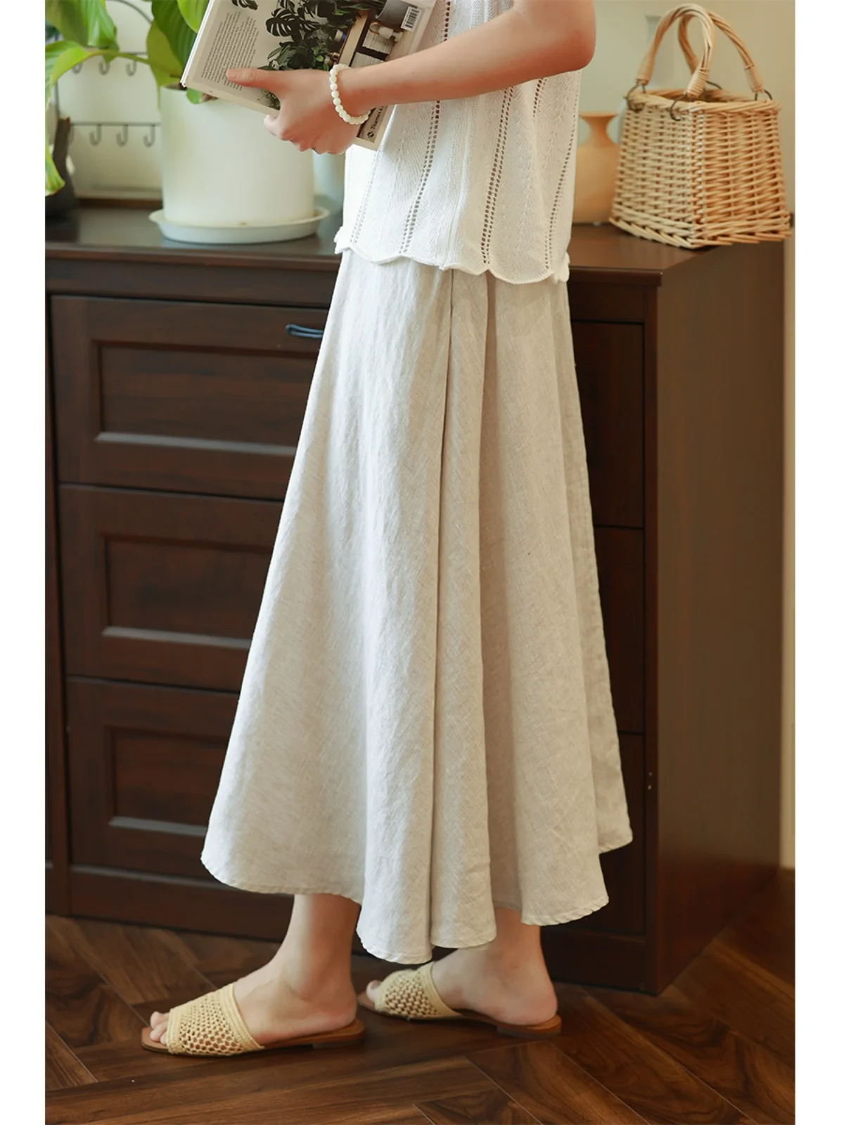 

Comfortable High Waist A-Line f Skirt Linen Breathable Wa Slimming Summer New Sle Mid-Length Dra Skirt