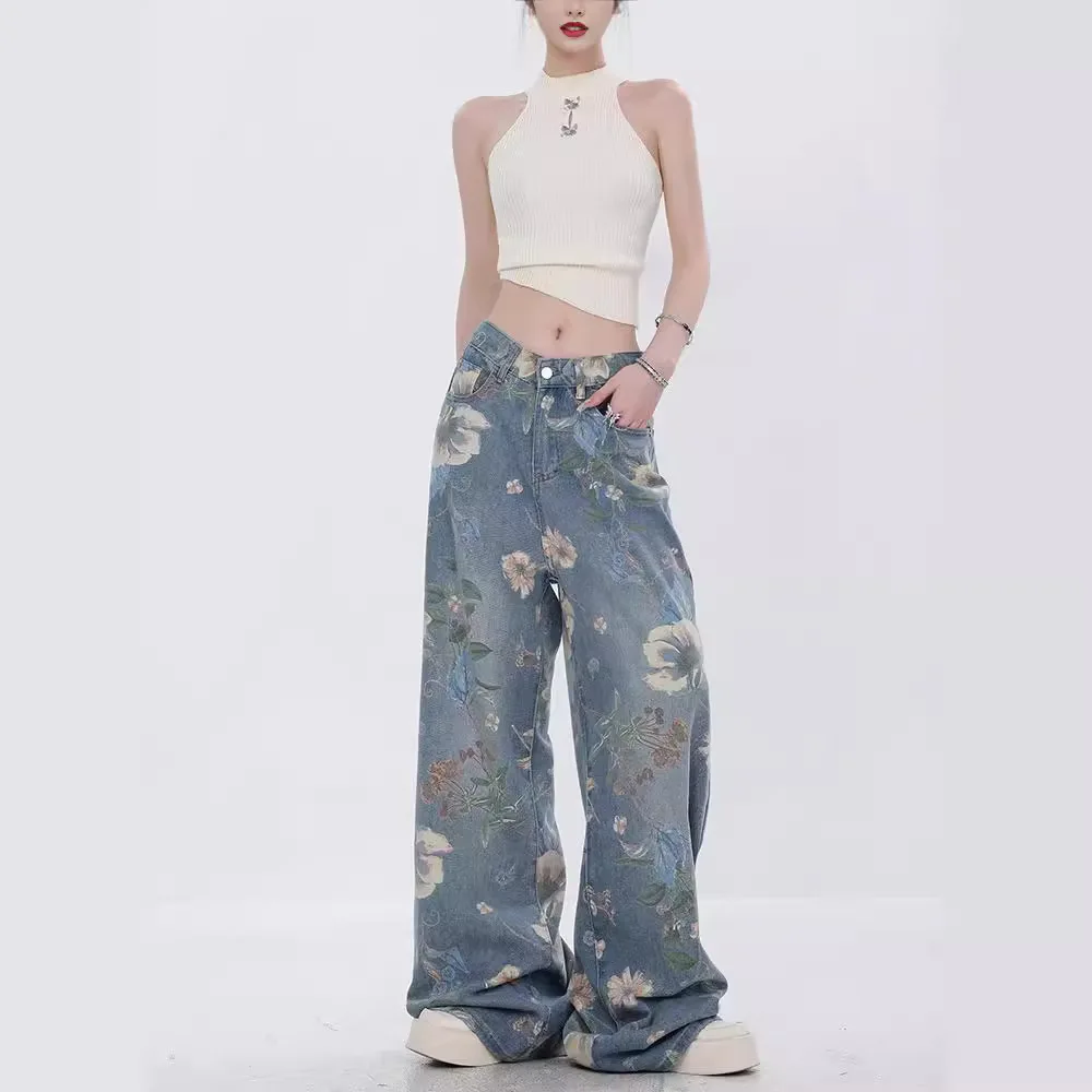 Celana Jeans Denim Wanita Celana Panjang Lantai Kaki Lebar Celana Panjang Lurus Pinggang Tinggi Motif Bunga Celana Jeans Ibu Splice Pakaian Jalanan Y2k