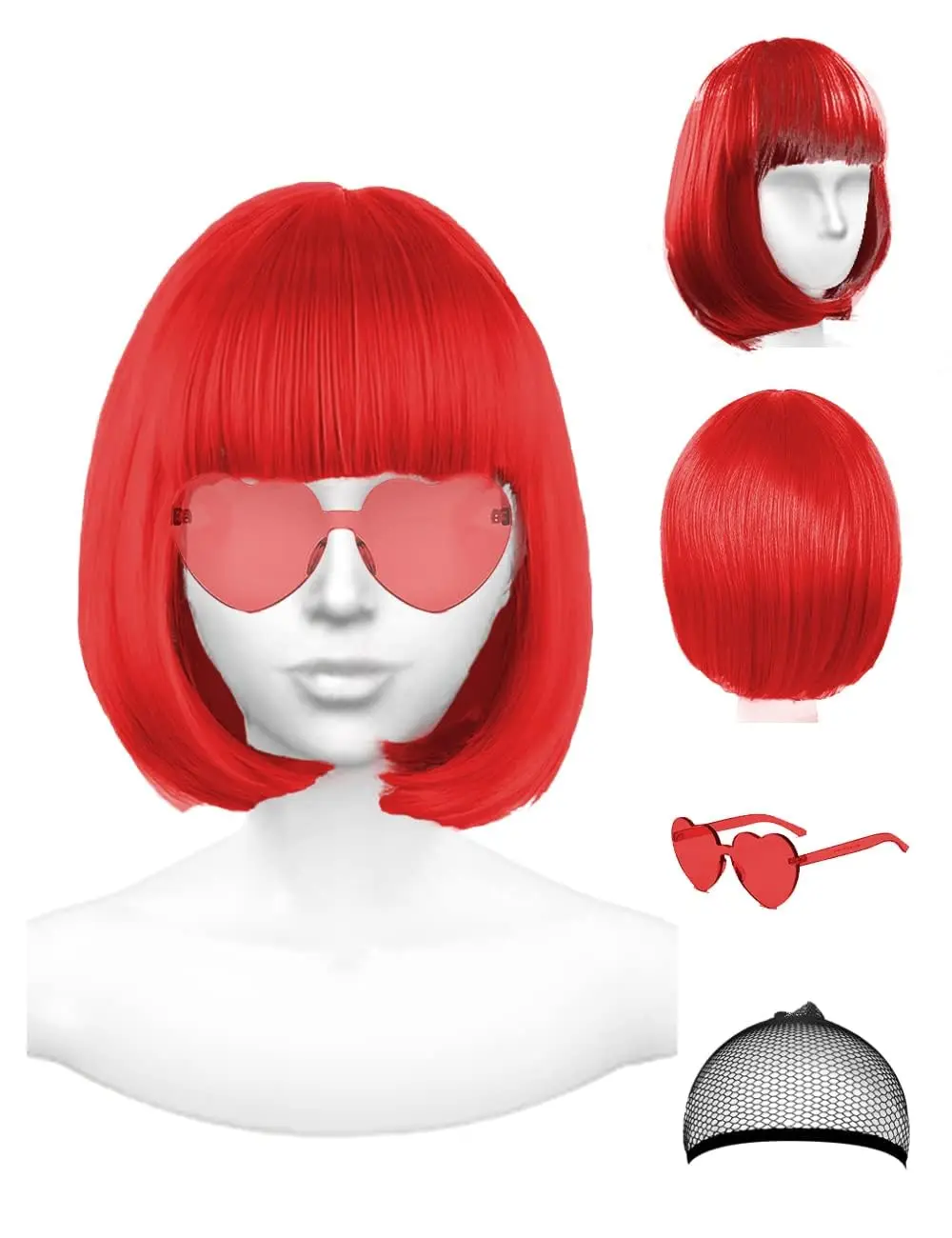

Red Wig and Party Sunglasses, Wig for Women, Short Bob Wigs with Bangs, Short Wavy Wig Flat Bangs Bob Red Hair Synthetic Heat Re