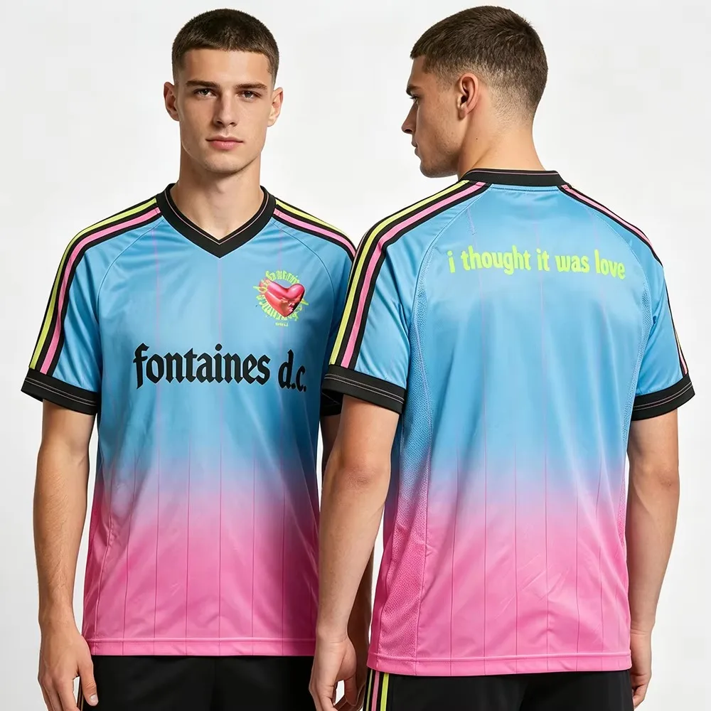 Fontaines D.C. Band Soccer‑Style Jersey T‑Shirt, Blue‑Pink Gradient Short Sleeve Tee, I Thought It Was Love Graphic Unisex Casua