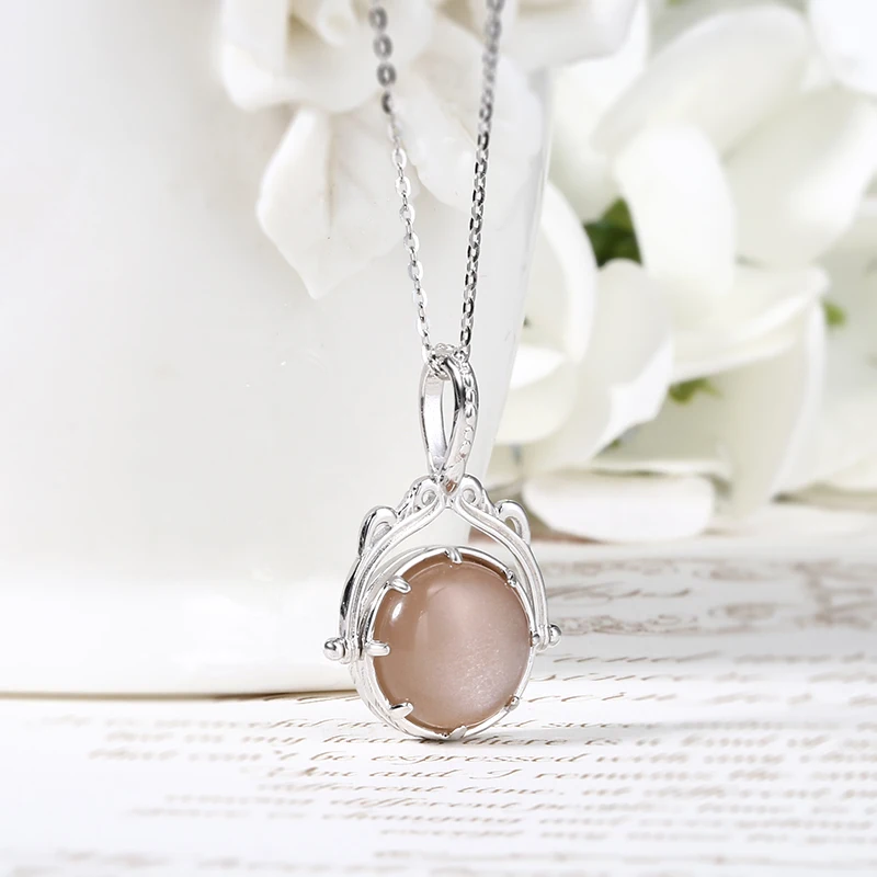 LAMOON Vintage France Style Bijou Natural Gemstone Orange Moonstone Spin Pendant Necklace For Women 925 Sterling Silver Jewelry