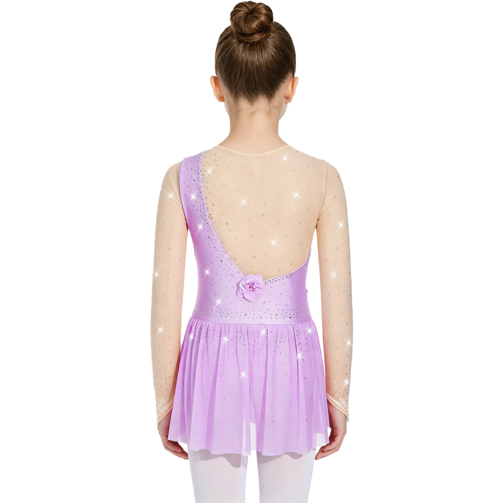 Vestido de Patinaje Artístico y Danza Lírica para Niñas, Manga Larga, Brillante con Pedrería, Leotardo para Gimnasia Rítmica y Actuaciones