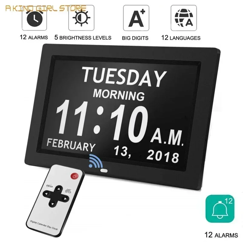 12 Alarms Digital LED Calendar Clock with Multi-Languages to display. Medicine Time Reminder for Elder.Home Desk Wall Decoration