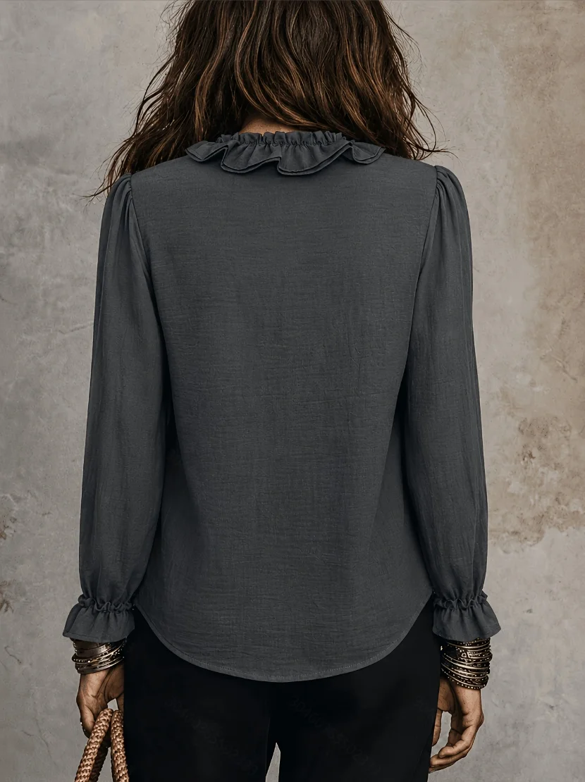 2026 Autumn New Women's Long Sleeve Shirt Vintage Bohemian Style Daily Commuting Outing V-Neck Ruffled Loose Pullover Top for Spring and Autumn Mature Women's Fashion