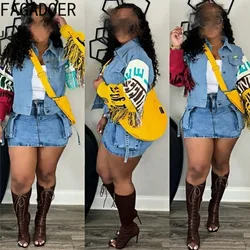FAGADOER Fashion Denim Jacket Women Buttons Letter Embroidery Tassel Knit Patchwork Loose Jean Coat Female Streetwear Clothing
