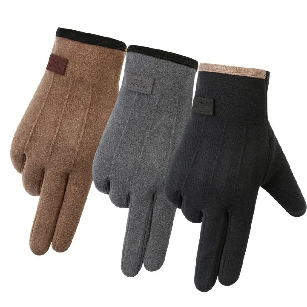 Suede Fabric Finger Gloves Double Sided Plush Warm Touch Screen Gloves Cold Prevention Windproof Warm Gloves Men's Style