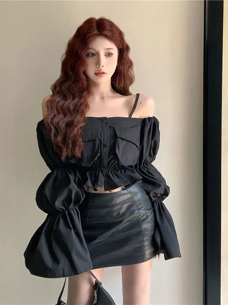 Low Cut Off shoulder Youth Elegant Blouse Women Designer Sweet Puff sleeve Crop Top Ruffles Korean Pocket Button Short Shirts