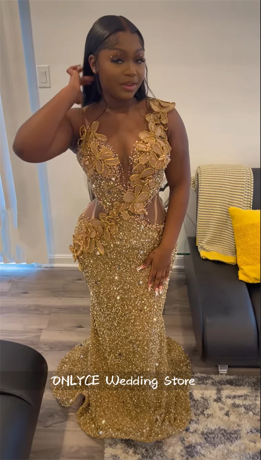 

Sparkly Gold Diamonds Long Prom Dress Beading Crystals Rhinestones Evening Gown Birthday Party Wedding Reception Customized