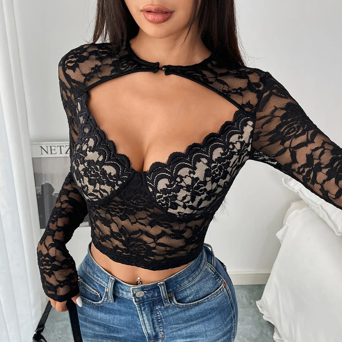 Autumn Long-sleeved Soft Lace Sexy Breathable Deep V Imperial Sister Slim-fitting Outer Top Women