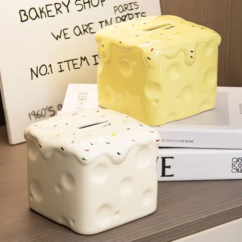 Cute Cheese Shape Ceramic Piggy Bank, Colorful Sprinkles Decor Money Box, Coin Saving Container for Home Desktop Kids Adults