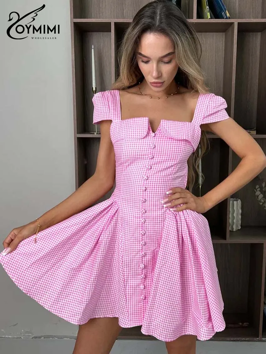 

Женское розовое платье Oymimi в клетку, весна 2026, с квадратным вырезом, пышными короткими рукавами, шнуровкой сзади, расклешенное, мини, удобное, повседневное