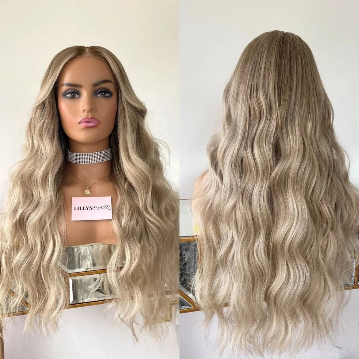 

Ash Blonde Mix Colored Human Hair Blend Synthetic Fiber Super Long Loose Deep Wave Hair 26 Inches Custom Made Fashion Lace Wigs
