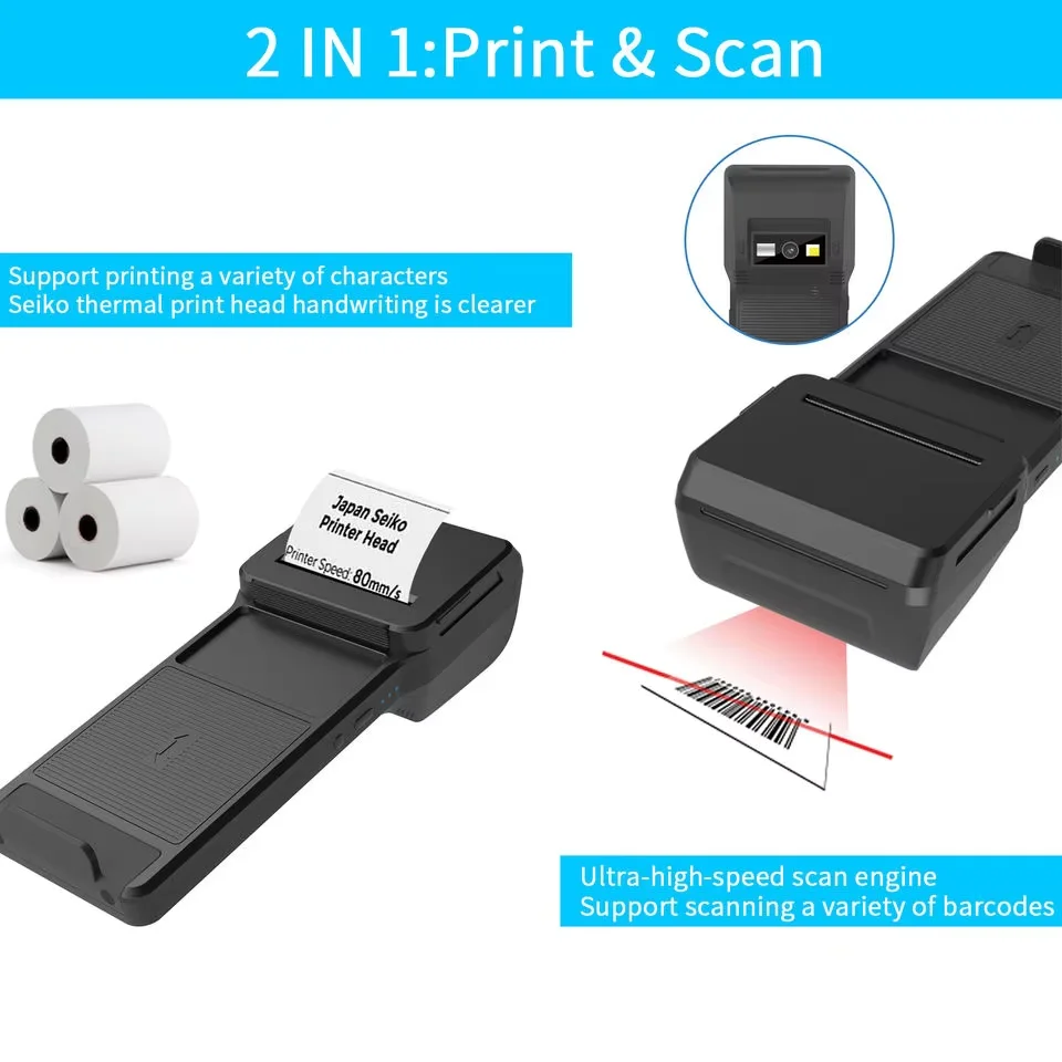 2-in-1-Thermodrucker mit Rückenclip und 2D-Scanner, Bluetooth 58-mm-Drucker, 7,4 V, 3000 mAh Akku, mobiler kabelloser Scanner